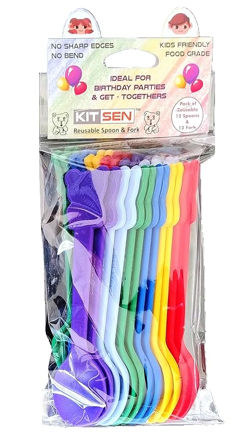 Kitsen Reusable Plastic Spoon And Fork Set. 12 Spoons&12 Forks. Kids Friendly And Ideal For Birthday Parties, Get Together, Picnic, Lunch Box