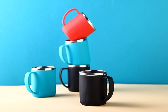GANESH Happy Time Stylish Coffee/Tea/Milk Mug Plastic with Stainless Steel Inner Mug Cup with Handle, Portable & Easy Clean for Kids & Adult
