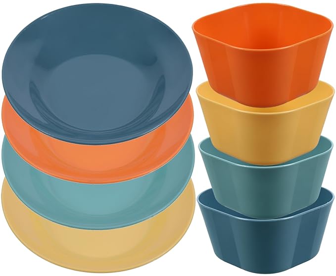 JAXHOM 4-Piece Plastic Plates & 4-Piece Plastic Bowls Set for Party and Travelling - Unbreakable, Reusable, Multi-Color, 19cm Plates & 12x12x7cm Bowls