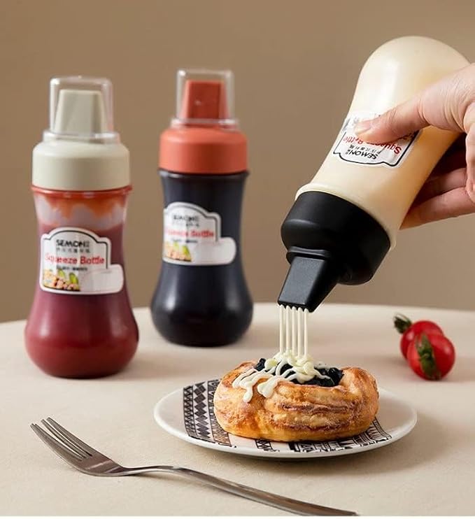 Entisia Squeeze Bottle - Plastic 5 Hole Multipurpose Sauce Squeeze Bottle Ketchup Mayonnaise Refillable Dispenser with Leak Proof Cover Cap, Sauce Dispenser Bottle(350 ML,2)