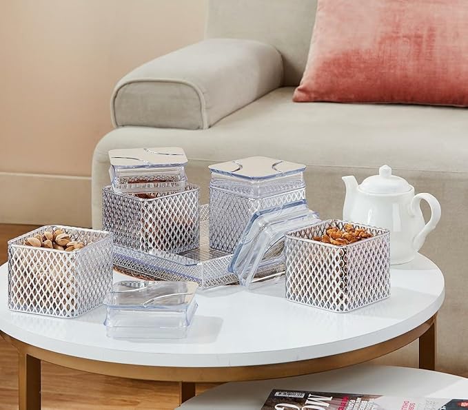 Entisia Shandar Dry Fruit Container - Multipurpose Plastic Storage Box Set, Air Tight Serving Tray with Lid Dry Fruit & Chocolates Mouth Freshener Sweet Box for Home, Kitchen, Tableware (4pcs, silver)