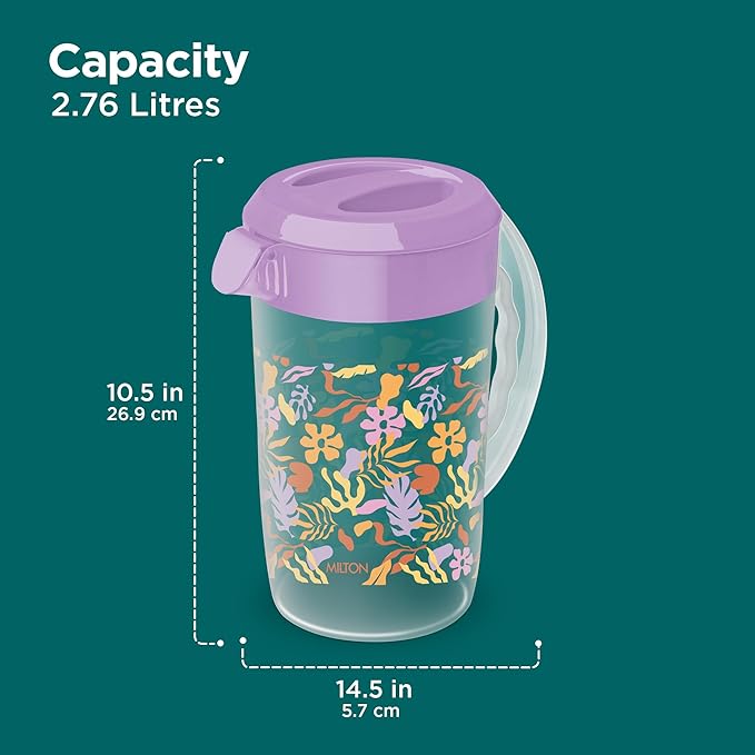 Milton H2O 3000 Water Jug Plastic with Lid for Ice Tea, Water, Juices, Milk Storage Container for Fridge, Water jugs for Dining Table, 2.76 litres, BPA Free, Purple